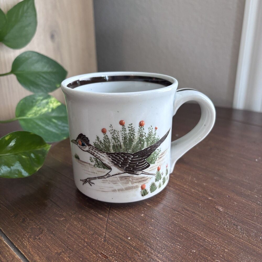 Vintage Otagiri Japan Roadrunner Mug Handpainted MCM Speckled Stoneware Ceramic